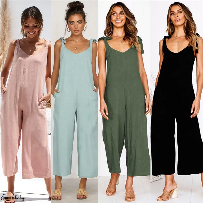 

Fashion Casual Loose Solid Women Bandage Deep V Neck Sleeveless Jumpsuit Backless Long Pants Summer Clothes For Girls