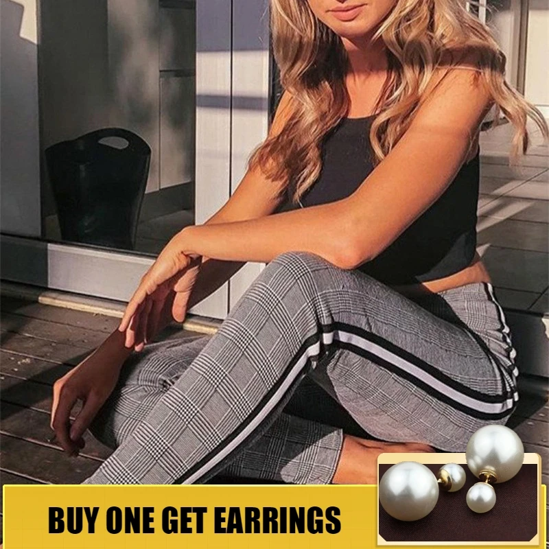 

HOUZHOU Skinny High Waist Pencil Pants Women Spring Plaid Trousers Slim Side Striped Hip Push Up Casual Elastic Pantalon Female