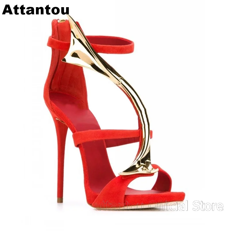 

Summer Gladiator Designer Open Toe High Heel Sandals Women Gold Metal Decor Snake Sexy Pumps Summer Heeled Sandals Party Shoes