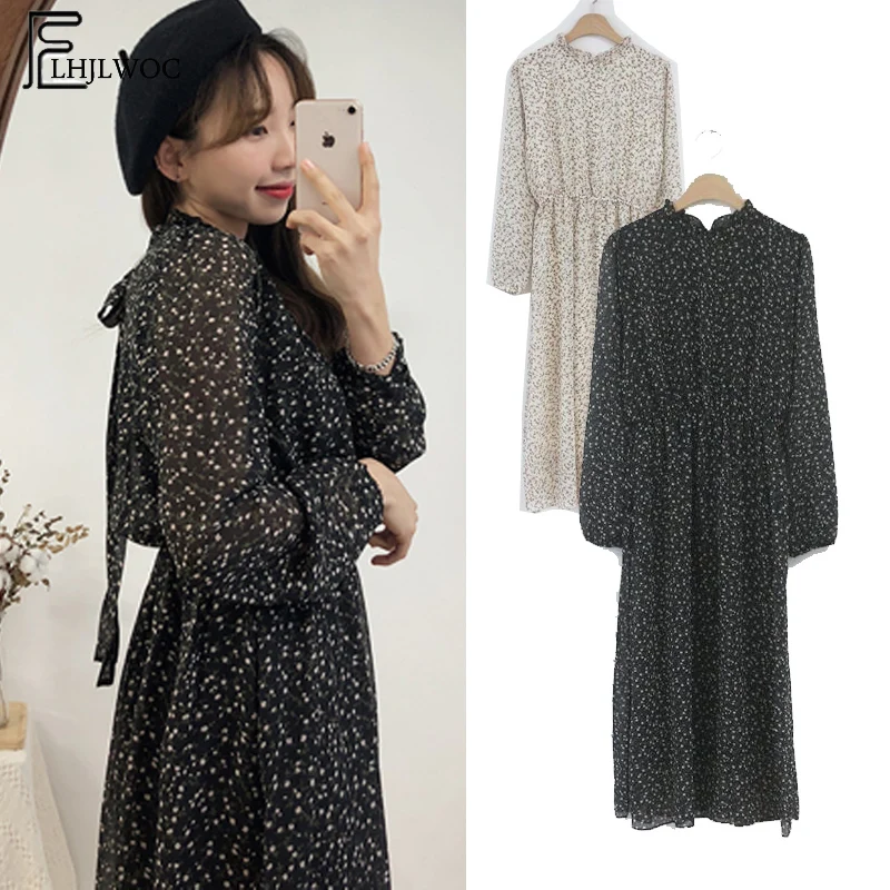 Acheter 2019 printemps robes de base chaud femmes mode à manches longues décontracté Slim taille une ligne retour noeud papillon Floral imprimé Vintage robe longue