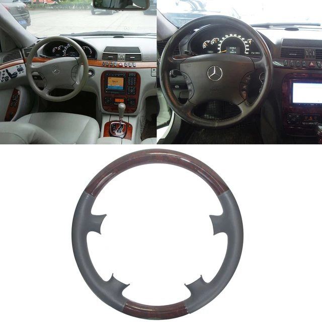 Dark Gray Leather Brown Wood Steering Wheel Protector Cover for