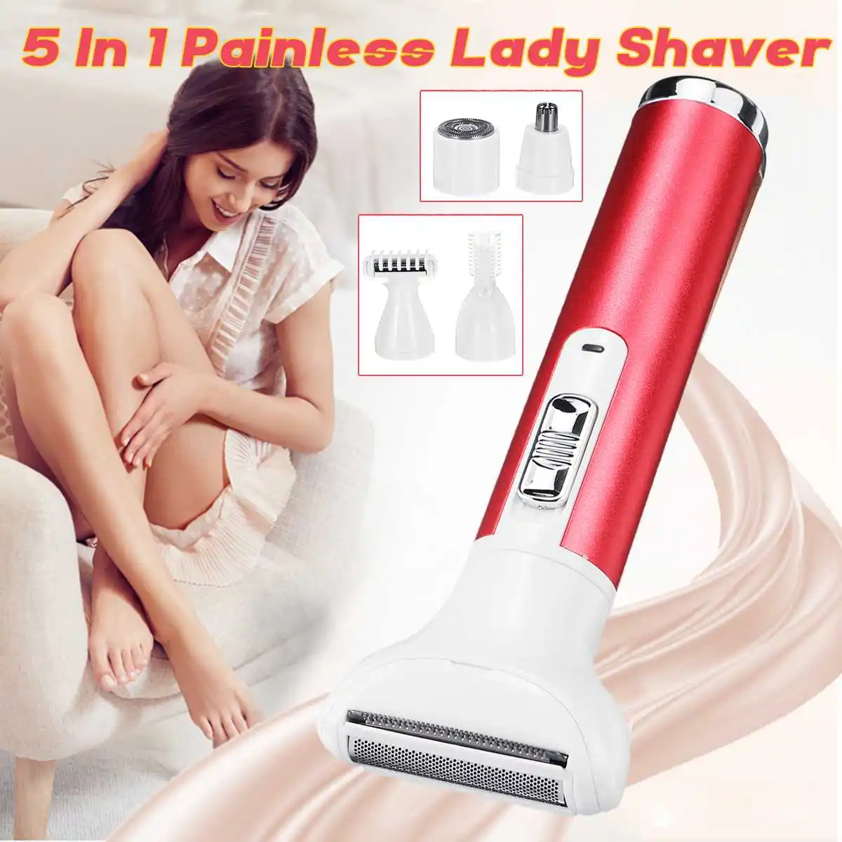 

5 in 1 220V-240V Women Shaver Painless Face Eyebrow Hair Remover Wet Dry Trimmer Epilator 50-60Hz Wet/Dry Use Skin-friendly
