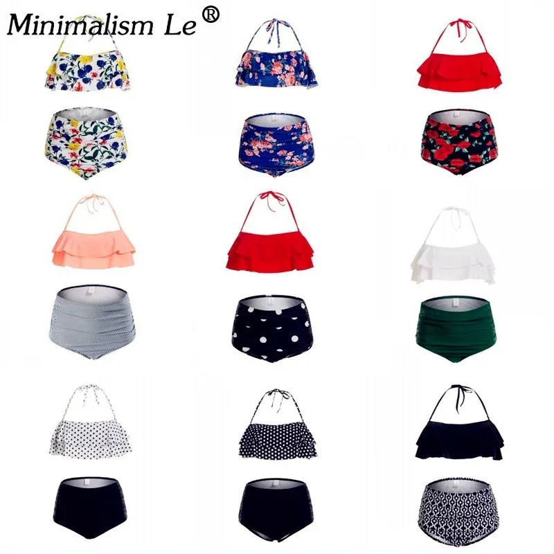 

Minimalism Le Solid Ruffle Bikinis Women Sexy Floral Print Swimsuit New Halter Top Swimwear High Waist Beachwear Female Biquini