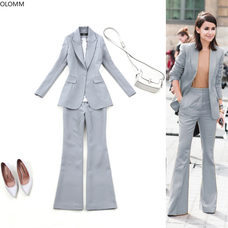 Women's suit 2019 autumn new women's large size gray Slim single button suit jacket wild flare pants two-piece overalls