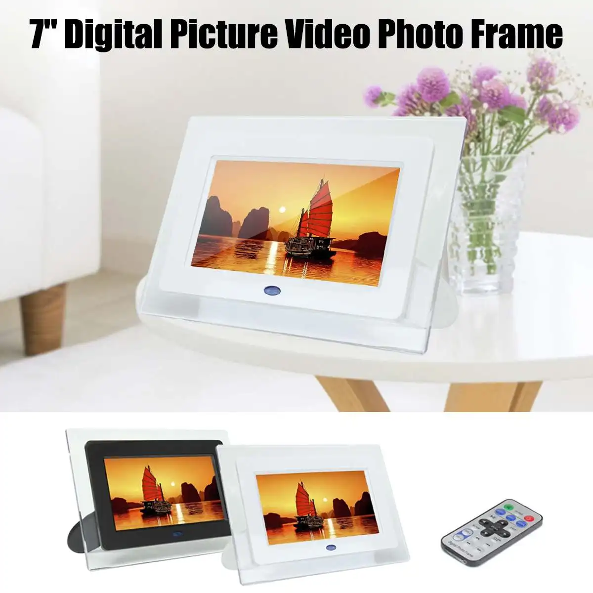 

7 Inch HD TFT LCD Digital Photo Frame Picture Album Clock Calendar Time-switch MP3 MP4 Movie Player 23x16.5x3.2cm White Black