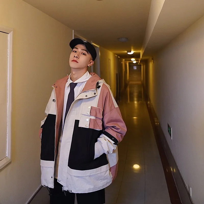 2019 Japanese Style Men's Streetwear Bomber Jackets Patchwork Pockets Coats Retro Harajuku Hooded Outwear Windbreaker Size M-XL