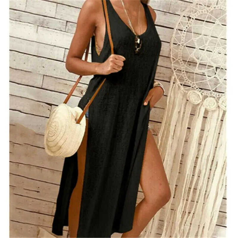

Trendy Women dress Sleeveless solid V-neck loose casual sexy Side Split Party Polyester Dresses one pieces