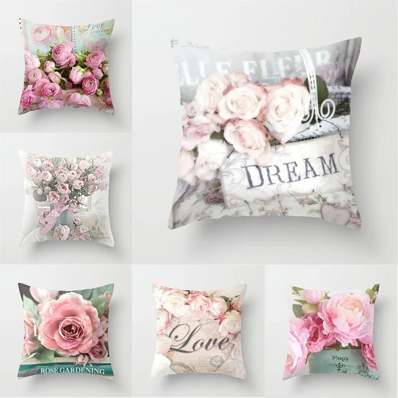 

Home Decor Cushion Cover Rose Flower Throw Pillow Cover For Sofa Mediterranean Style Polyester Pillow Case For Mothers' Day