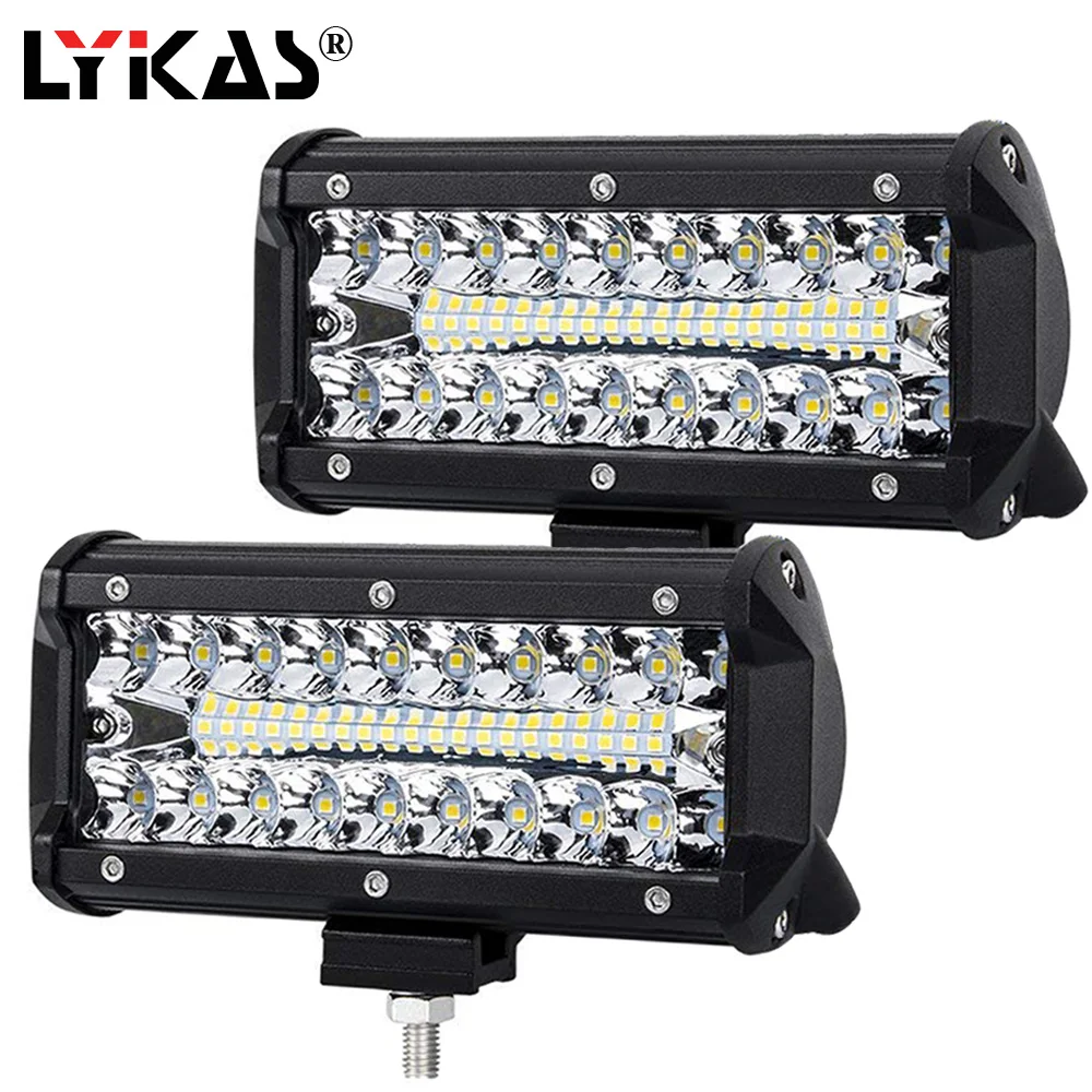 LYKAS 7 Inch 120W Led Work Light Bar Spot Flood Combo Beam Triple Row