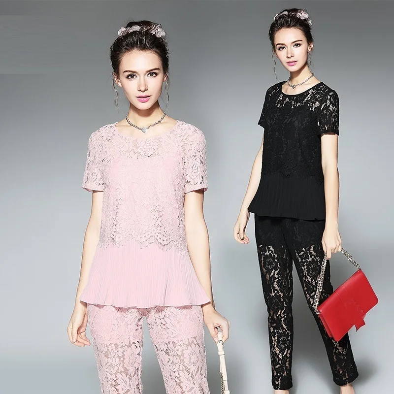 

2018Summer women clothes set plus size twinset fitness lace shirt casual blouse tops+ankle-length pants trousers XL-XXXXXL 5236