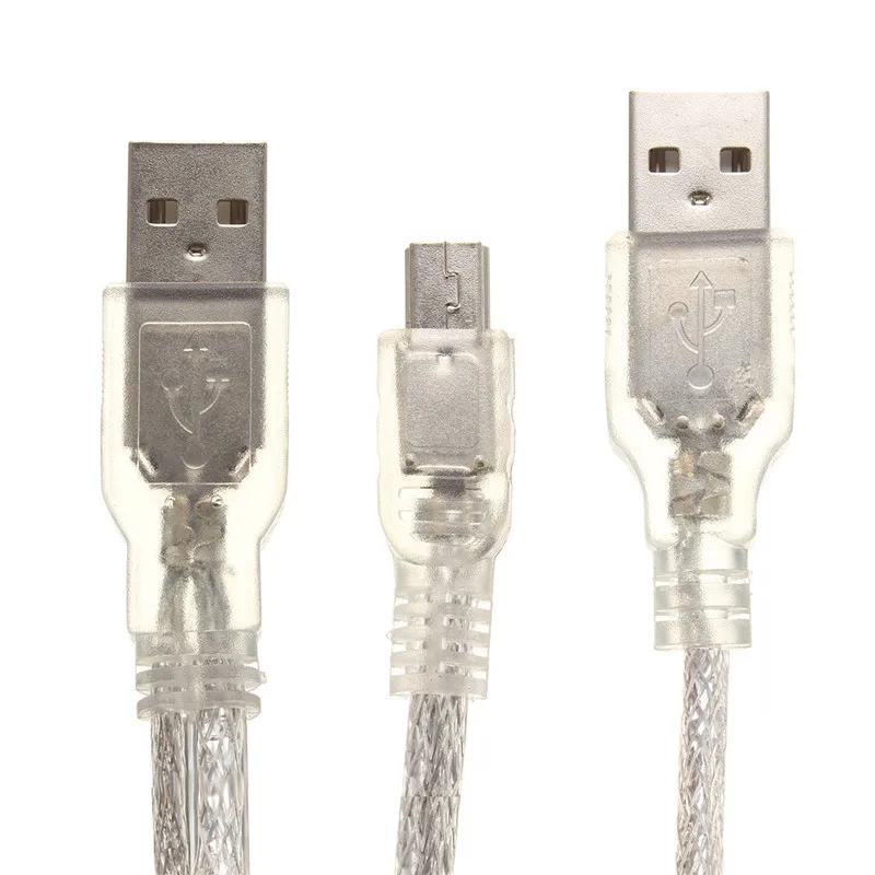 Прозрачный кабель USB 2 0 с двойным штекером типа A для Mini B 5pin Male Y Spliter Кабель зарядки
