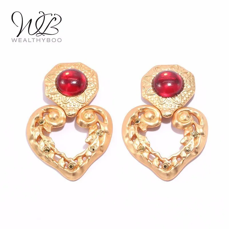 

WEALTHYBOO Luxury Vintage Heart Statement Earrings 2018 New Arrival Red Stone Drop For Women Fashion Jewelry
