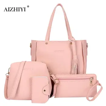 

4pcs/set Pure Color Litchi Leather Fashion Women Multifunction Large Capacity Shoulder Satchel Handbags Casual shopping handbag