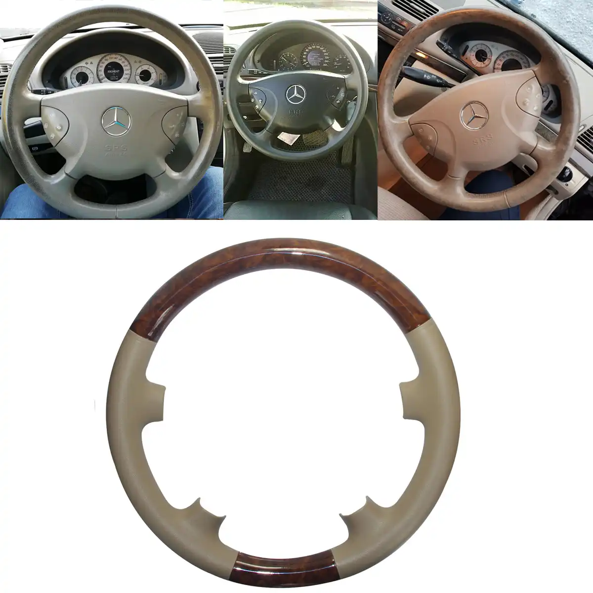 Beige Leather Light Wood Steering Wheel Cover Decor for Benz 03 09 W209 C209 CLK CLK320 CLK550