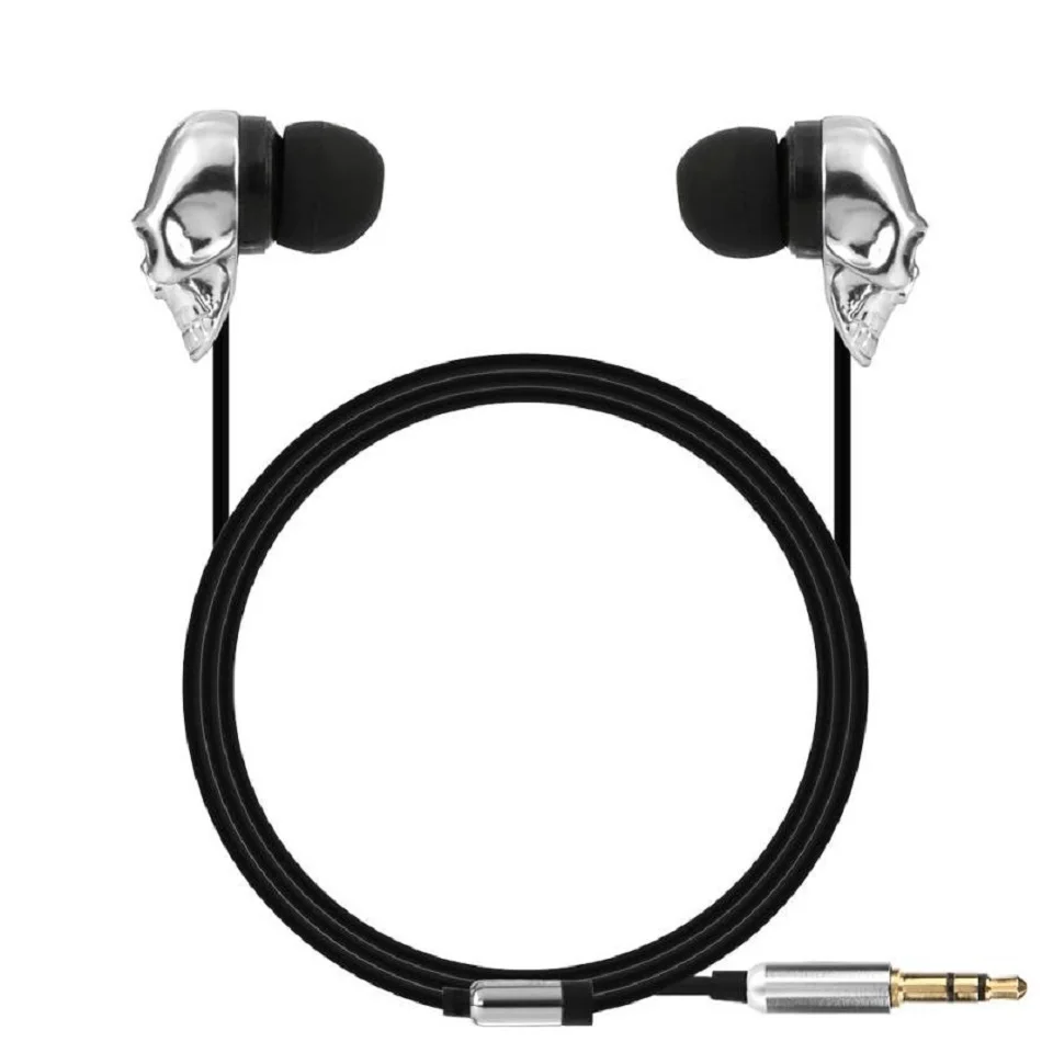 35mmMetalSkeletonHeadEarphonesUniqueDesginEarbudPortSilverColorEarphoneInEar
