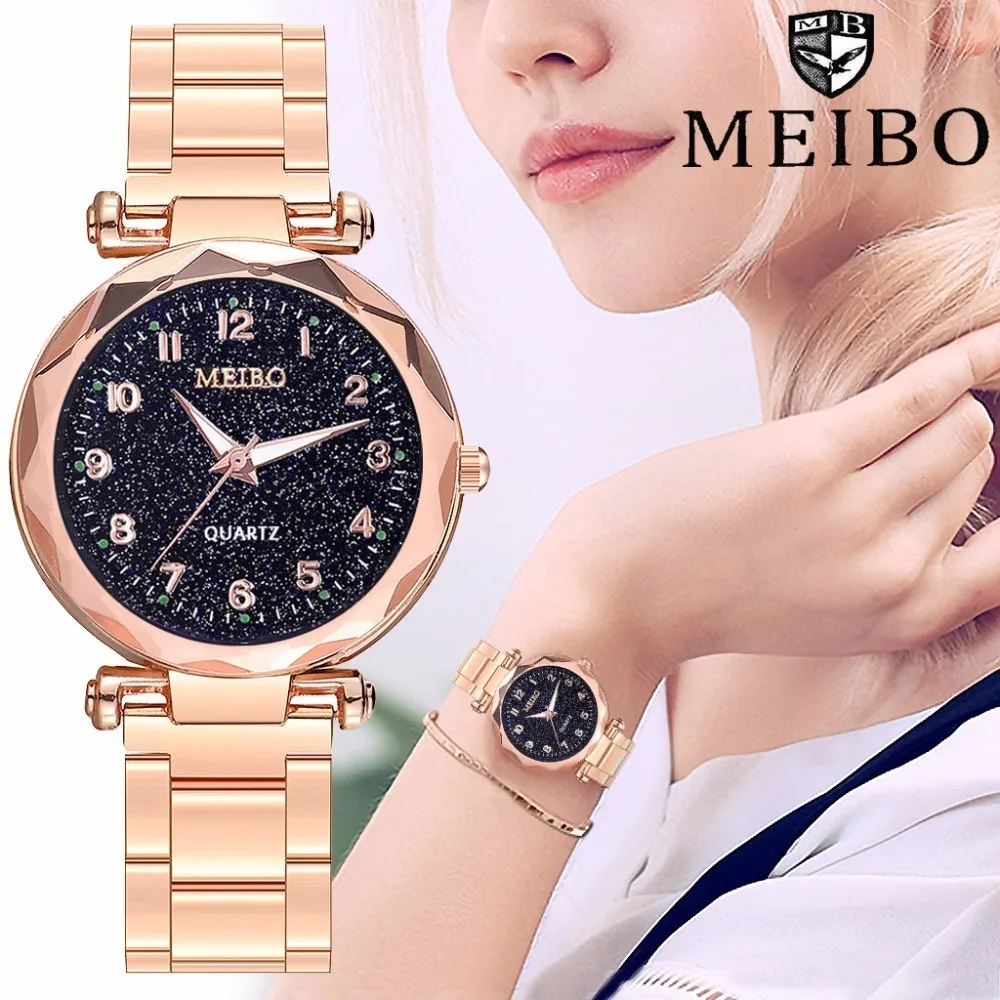 

Dropshipping Women Stainless Steel Starry Sky Luminous Watch Luxury Ladies Geometric Surface Quartz Watch Relogio Feminino