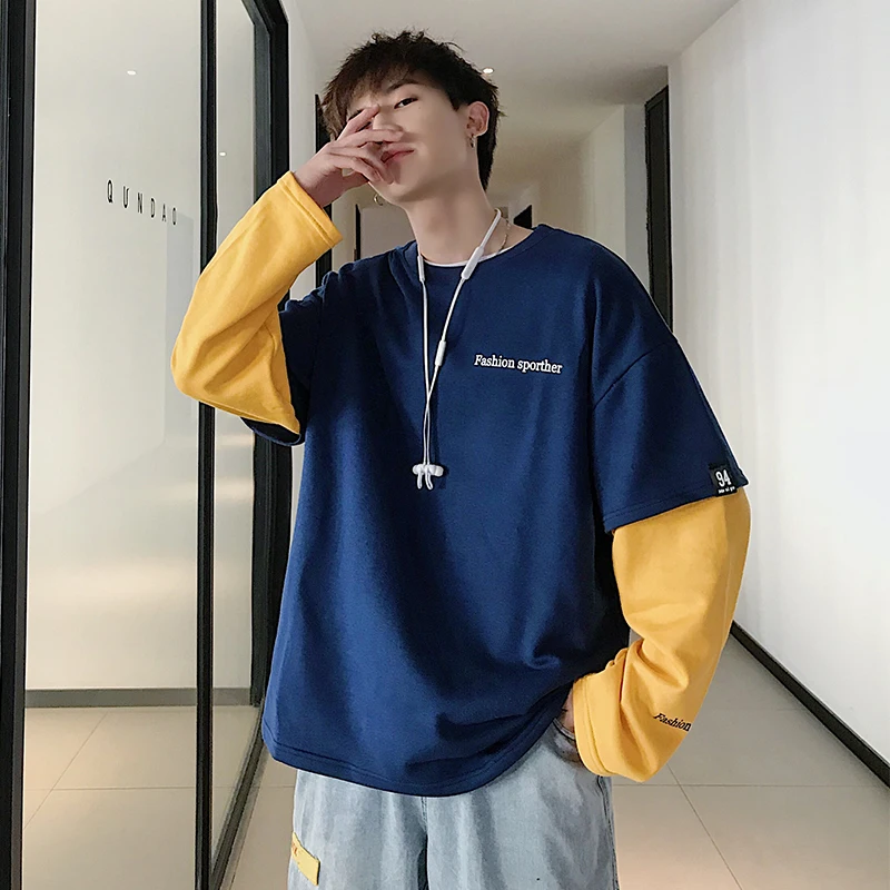 

Men's Sweatshirt 19 Spring New Fake Two-piece Sleeve Pullover Loose Small Fresh Raglan Sleeves Sweatshirt Casual Men's Clothing