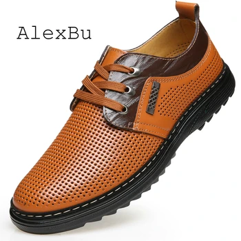 

AlexBu Spring Man Leather Hole Breathable Sandals Men Genuine Leather Shoes Lace Up Office Dress Shoes High Quality Black Brown