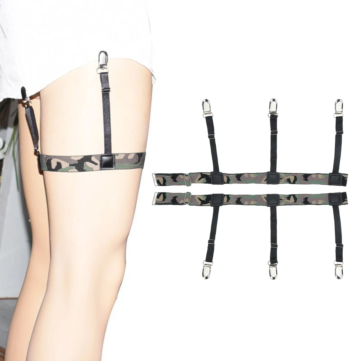 

1 Pair Elastic Shirt Stays Holders Non-slip Anti-wrinkle Garter Camouflage Striped Belt Suspender Locking Clamps Tactical Clip