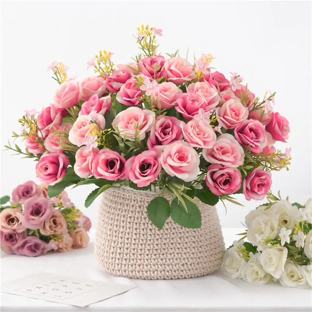 

Rose Pink Artificial Flowers Bouquet Cheap Fake Flowers for Home Bridal Wedding Decoration fake plants Festival Supplies