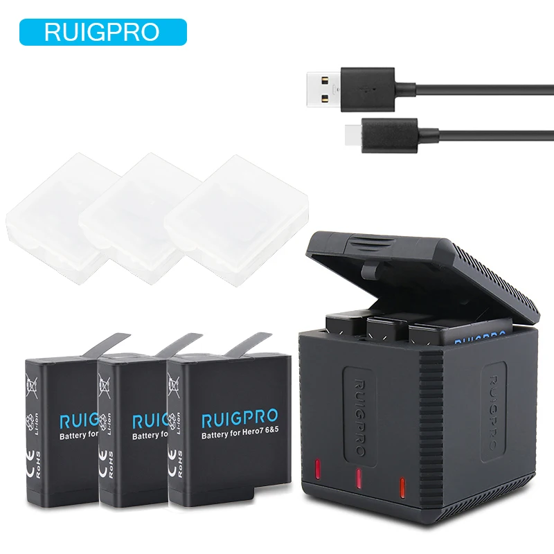 

high quatity Fully Decode Go pro Hero5 Hero6 Battery+ 3 Port TYPE-C Charger For GoPro Go pro Hero 5 6 7 black Camera Accessories