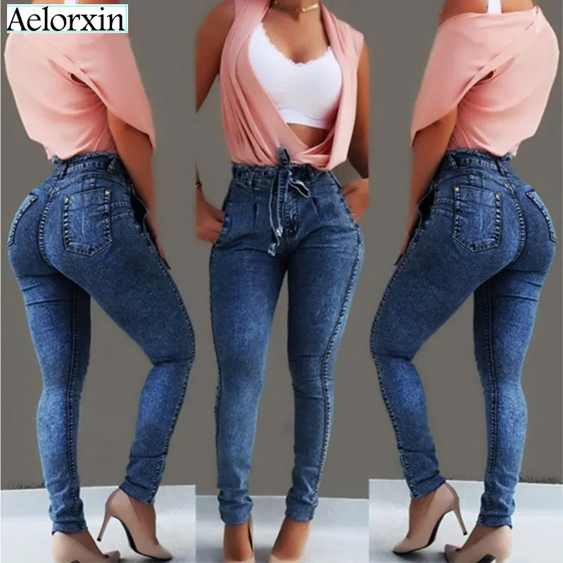 Большие размеры, эластичные джинсы с высокой талией и уличная повязка, джинсы больших размеров, женские облегающие джинсы