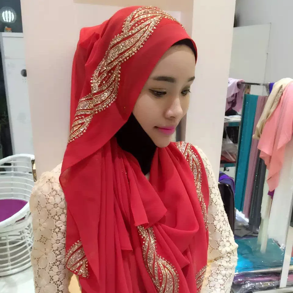 

Arab Fashion Muslim Chiffon Hijab Scarf Women Maxi Veils Shawls Islamic Scarf Pearl Chiffon Fabric Hot Drilling Muslim Turban