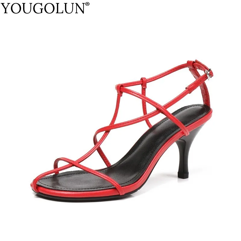 

Thin Heels Women Genuine Cow Leather Ankle Buckle Strap Sandals Woman Sexy High Heels Black White Wine Red Dress Shoes C055