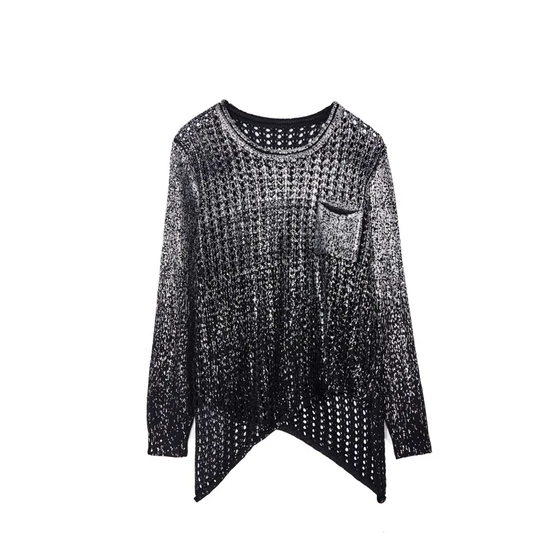 #1336 Spring Hip Hop Sweater Irregular Gold/Silver Knitted Sweaters Ladies Hollow Out Loose Pulover Womens Sweaters Asymmetrical