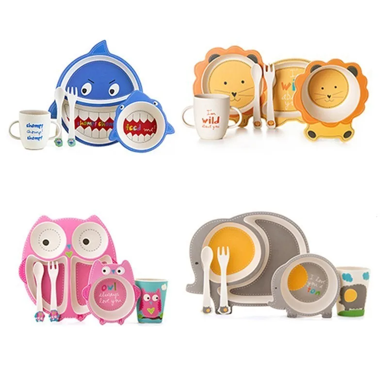 

5pcs/set Eco-friendly Cartoon Baby Dish Bamboo Sub-grid Plate Irregular Tableware Toddler Feeding Dinnerware Creative Gift Baby
