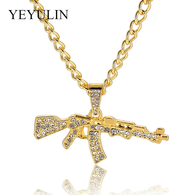Блестящий Золотой сплав кристалл AK47 форма кулон Chram ожерелье хип хоп модные украшения подарок для мужчин Вечерние