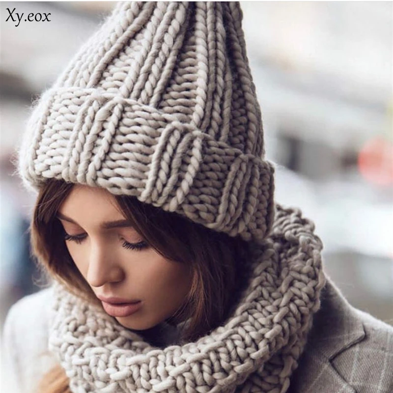 

Winter New Wool Hat Ladies Casual Knitted Coarse Lines Hat Handmade Thick Caps Women Fashion Caps
