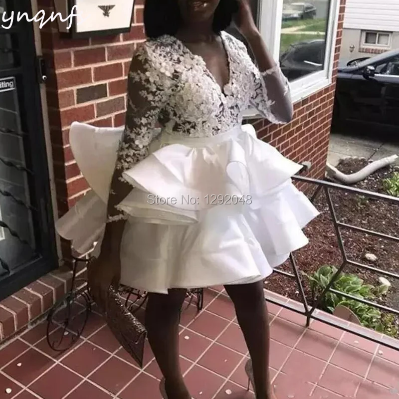 

YNQNFS C30 White Party Dress V Neck 3/4 Sleeve Rosettes Lace Appliques Taffeta Ruffles Robe Cocktail Dresses 2019