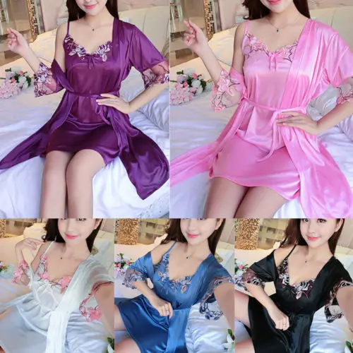 

Sexy Women's Satin Lace Sleepwear Pajamas Nightdress Lingerie Night Dress 2Pcs