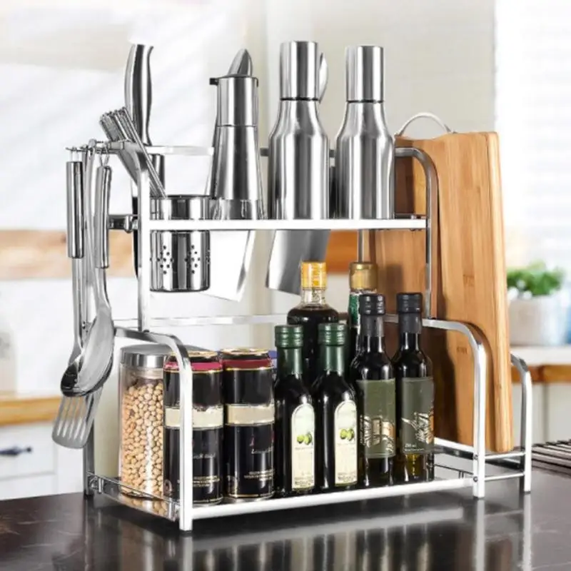 

Floor Type Kitchen Storage Rack Stainless Steel Organizer Shelf Condiment Knife Chopping Board Holder Dual Layer Holder