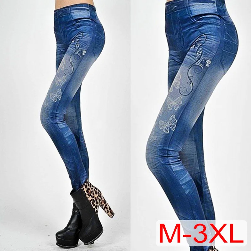 

Women Casual Bodycon Denim Faux Pencil Jean Pants Trousers Jeggings Leggings