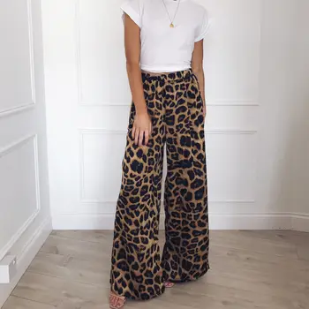 

New Fashion Women Casual High Waist Leopard Printed Casual Flare Wide Leg Long Pants Palazzo Trousers