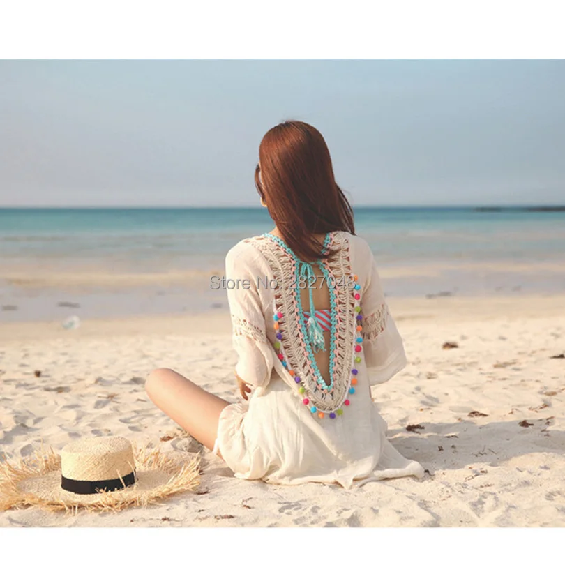 Сексуальное пляжное платье с открытой спиной, хлопковое, с оборками, закрытый купальник Одноцветный халат De Plage