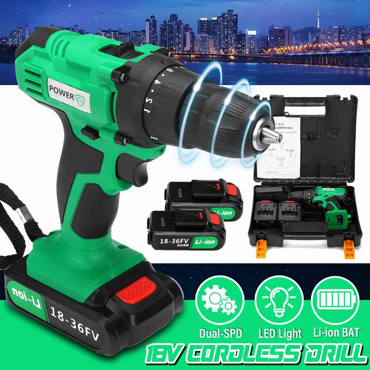 

2200 RPM 100-240V Cordless Electric Screwdriver Impact Mini Drill Power Tools Driver Rechargeable 2 Battery 2-Speed US Plug