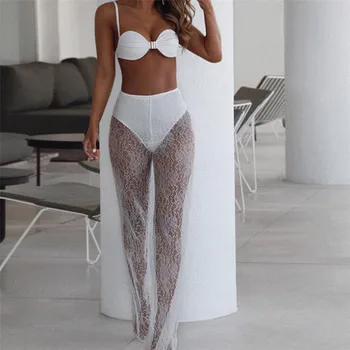 

Women Lace See Through Wide Leg Long Beach Pants Lady Sexy High Waist Trousers Black/White Summer Holiday Mesh Perspective Pants
