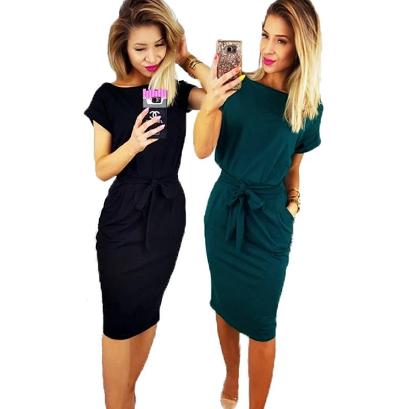 

Women Autumn Vintage Knee-length Dresses O-neck Short Sleeve Green Black Dress Lady Casual Elegant Party Pencil Dress Vestidos30