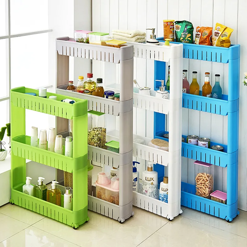 

Thickened plastic kitchen rack clip gap storage organizer four-layer refrigerator side angle frame detachable wheel multi-purpos