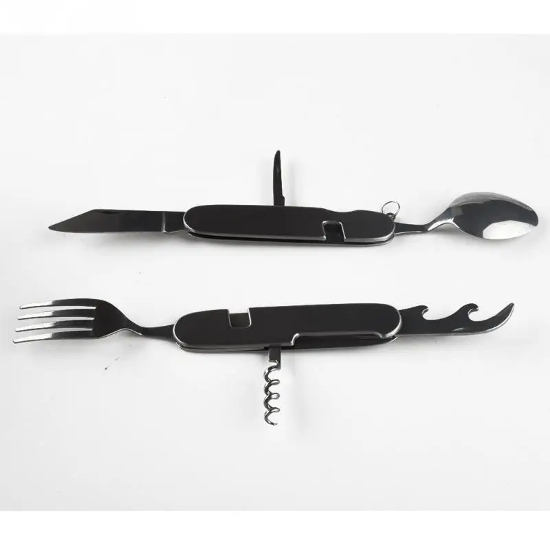 4 en 1 vajilla para exteriores (tenedor/cuchara/cuchillo/abrebotellas) Kits de bolsillo plegables de acero inoxidable para acampar para supervivencia de senderismo