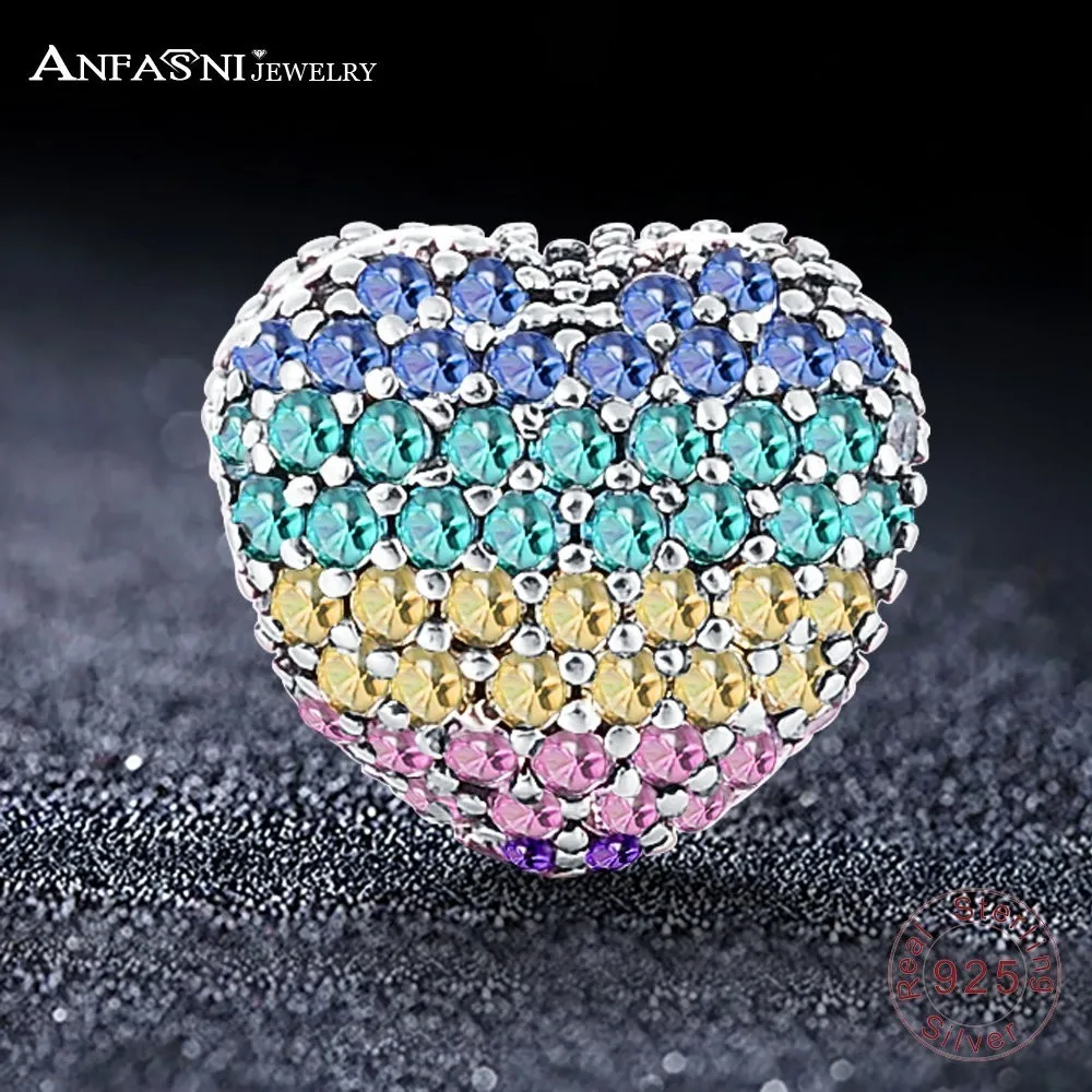 

ANFASNI Authentic 925 Sterling Silver Charms Rainbow Pavé Open My Heart Clip Beads with CZ fit Original Bracelet Gift for Women