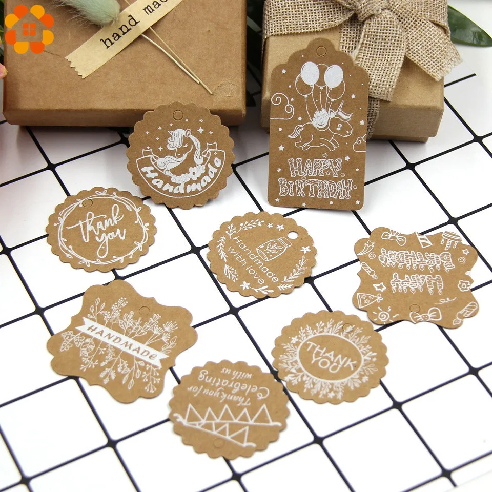 

50PCS Multi Style Handmade Series Kraft Paper Tags DIY Crafts Hang Tag For Wedding Birthday Party Labels Gift Wrapping Supplies