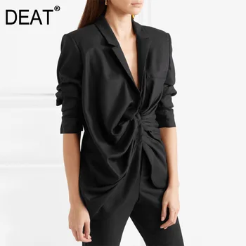 

DEAT 2020 new fashion high street half sleeve linen cotton pleated balazar slim covered button turn-down collar women WA78001S