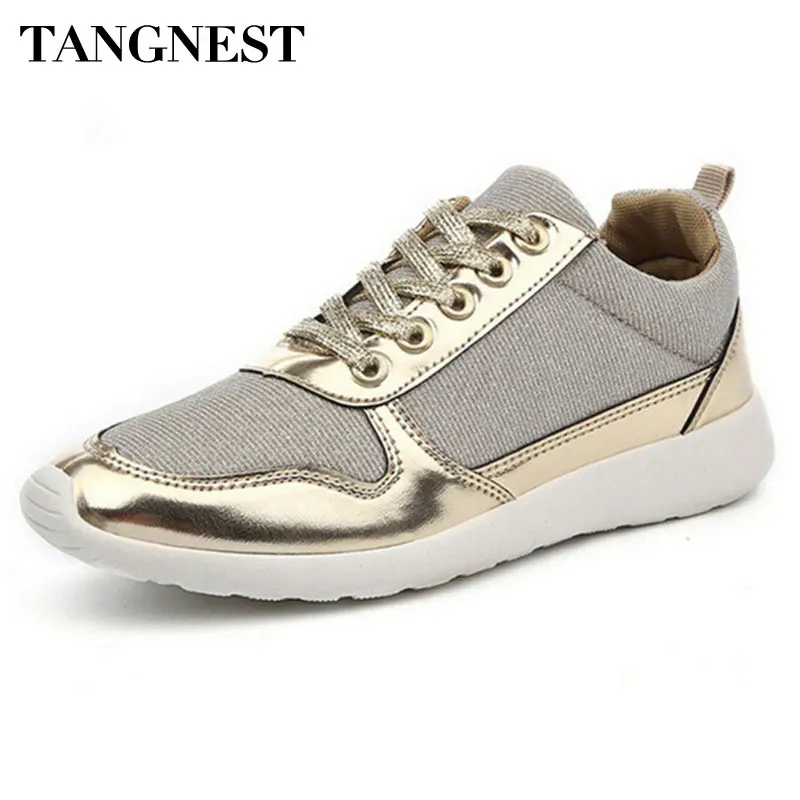 

Tangnest Sliver Women Shoes 2017 Lace Up Casual Shoes Woman Glitter Bling Flats Breathable Mesh Shoe Lady Size Plus 36-41 XWC272