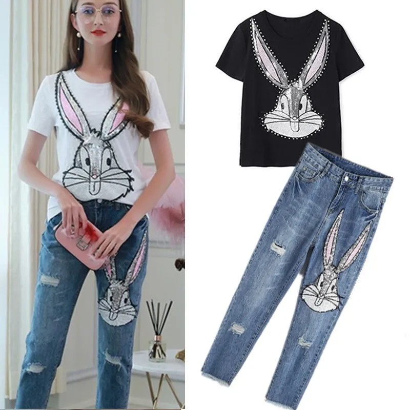 Summer Casual Clothing Suits Cute Rabbit Beading Women Black White Tees Short Sleeve Tops And Ripped Denim Capris Pants Dz006
