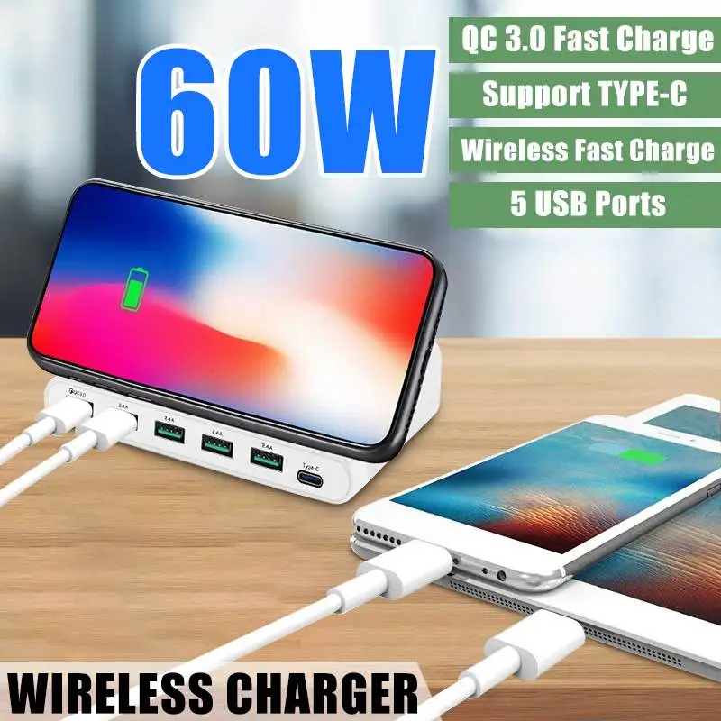 

NEW Quick Charger 3.0 Multi Port USB Charger Fast Charging Station 60W Qi Wireless Charger for iPhone for Samsung