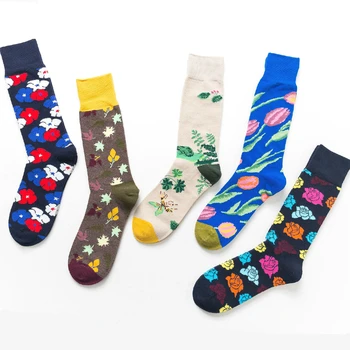 

PEONFLY New Men Socks Creative Tulip Rose Novelty Socks Combed Cotton Harajuku Comfort Funny Calcetines Hombre